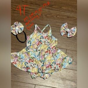 4T skirted Leo Disney princess design 
Freebie mama + me matching hair pieces